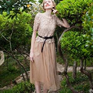 Western Major Slim Elegant Lace Montage Long Dress Khaki White