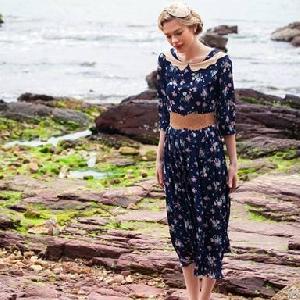 Pleated Graceful Long Floral Dresses Blue