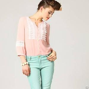 2013 Lace Decorate Womens Dressy Tops Pink