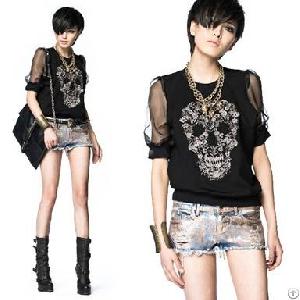 2013 Women Puff Short Sleeve Shirt O-neck Skull Design