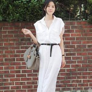 Belt Decorate Casual Long Dresses White Army Green