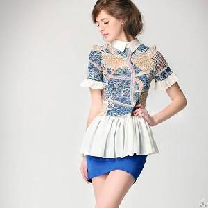 Cute Collar Short Sleeve Chiffon Polyester Blouses Blue