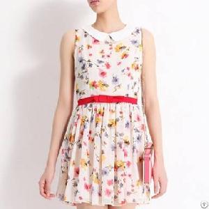 Cute Collar Sleeveless Spring Floral Dresses Beige