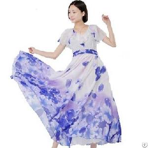 Elegant Flower Printed Long Dress For Women Blue