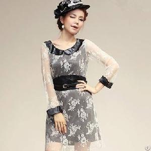 Elegant Hollow Embroidery Black Lace Dress