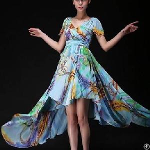 irregular slim short sleeve chiffon dress blue pink