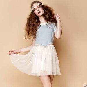 Elegant Lotus Round Collar Montage Short Sleeve Dress White And Blue