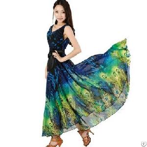 Elegant Peacock Slim Long V-collar Sleeveless Dress