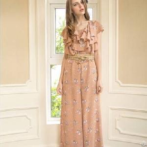 Elegant Slim Leisure Flower Long Jumpsuit Khaki Blue