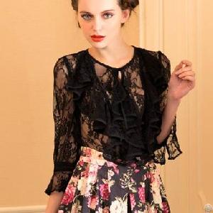 Elegant Western Charming Hollow Slim Lace Blouse Black White