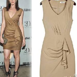 falbala decorate plunging v neck dress khaki