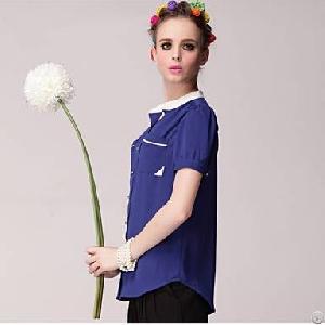 Fashion Style Stand Collar Blouse Blue White