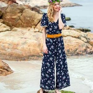 Floral Print Wide Leg Jumpsuit Blue