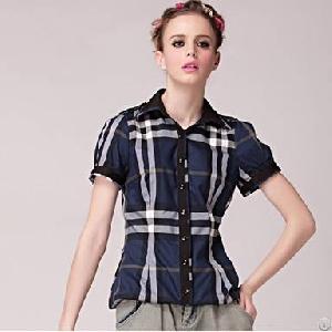 grid classical women shirts blouses blue apricot