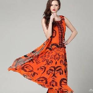 Individuality Style Silk Maxi Dress Green Orange