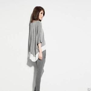 Loose Style Chiffon Lap Modal T-shirt Black Grey