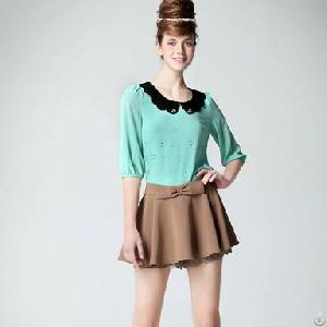 Lovely Collar Half Sleeve Color Block Top Light Green