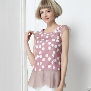 Round Collar Short Sleeve Empire Waist Blouses Pink