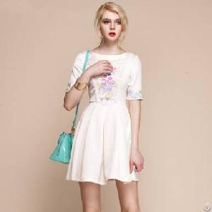 Round Collar Vintage Embroidered Dress Light Pink