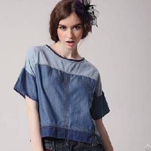 Short Sleeve Jeans Tops Blue