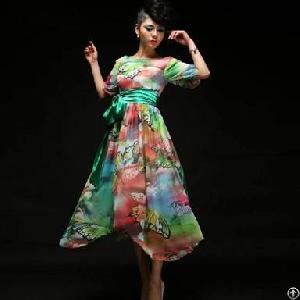 Summer Elegant Flower Printed Chiffon Long Dress For Women