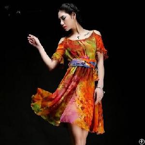 summer trumpet sleeve flower chiffon dresses orange