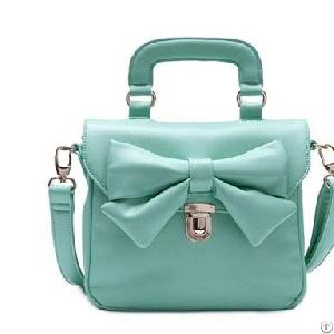 Sweet Bowknot Decorate Soft Leather Handbags Lake Blue