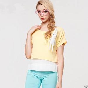Sweet Fake Two-pieces Bat Sleeve Chiffon Blouse Yellow