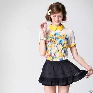 Sweet Flower Print Peter Pan Blouse Rose Yellow