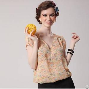 V-neck Chiffon Western Loose Blouse Blue Orange