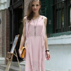 Western Draped Lotus Pure Collar Sleeveless Dress Pink