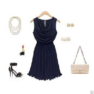 western pleated sleeveless chiffon dresses deep blue khaki