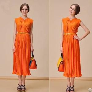 Western Major Elegant Pure Color Long Dress Orange