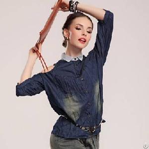 Western Off Shoulder Jeans Blouse Blue