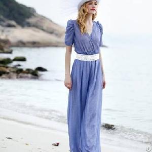 Western Pure Color Wide Legs Chiffon Jumpsuit Blue