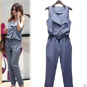 Western Slim Pure Color Blue Jumpsuit