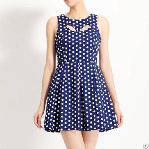 western cut polka dotted dress deep blue