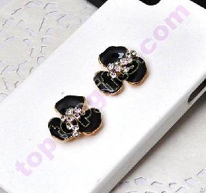 Black Enamel Rhinestone Pistil Flower Cabochon Phone Cover Ornament