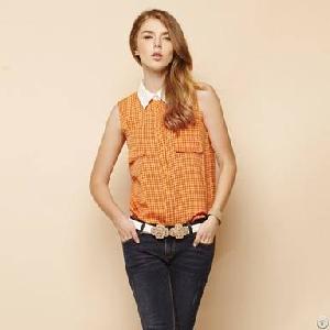 match sleeveless plaid blouse orange