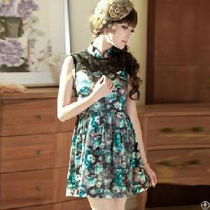 Charming Lace Stand Collar Sleeveless Cheongsam Dress Blue