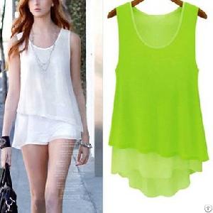 Double Layer Sleeveless Misses Blouses White Green Orange