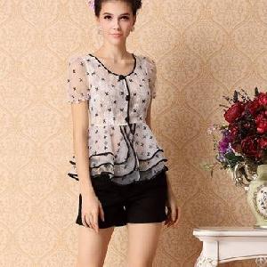 Elegant Embroidery Short Sleeve Lace Blouse White Black