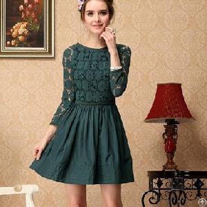 Elegant Hollow Long Sleeve Green Lace Dress