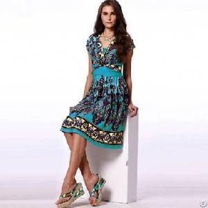 Elegant National Knit Summer Dresses Blue