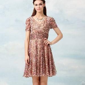 Elegant Newly Puff Sleeve Flora Red Chiffon Dress