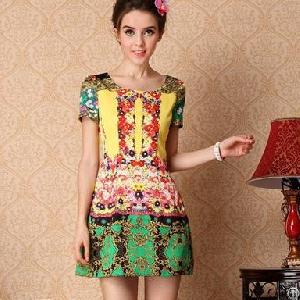 Elegant Printed Short Sleeve Pretty Dresses Yellow Red