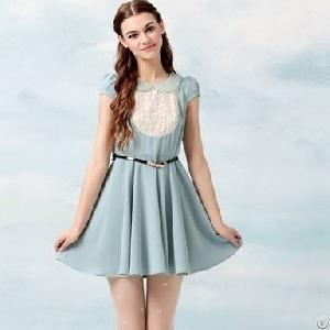 Elegant Puff Sleeve Short Sleeve Belt Unique Dresses Blue Red