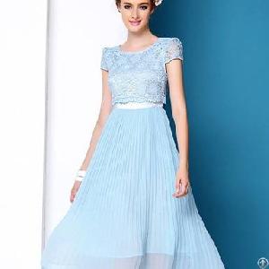 Elegant Round Collar Lace Long Dresses Skyblue Light Pink