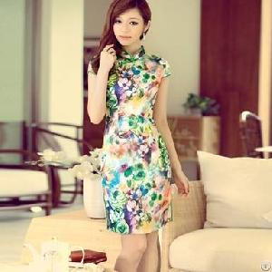 Elegant Slim Retro Flower Short Sleeve Cheongsam Dress