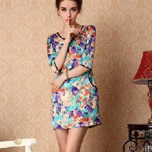 Fashion Elegant Floral Half Sleeve Printed Rounded Collar Dress Blue Yellow